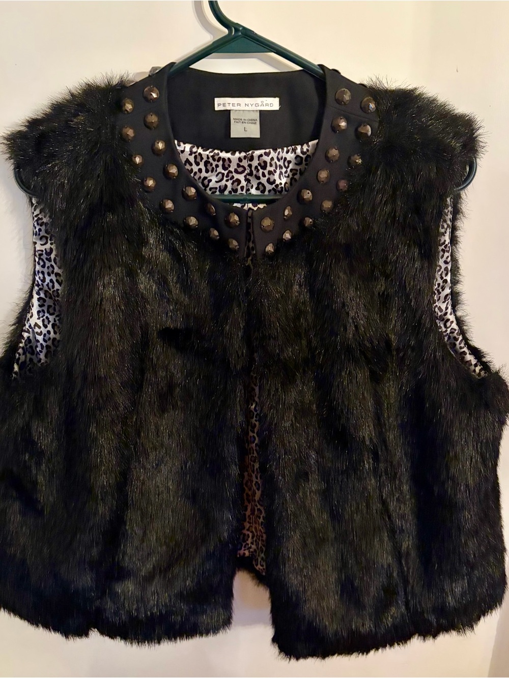 Peter Nygård Faux Fur Vest with Leopard Satin Lining Studded Collar Excellent
